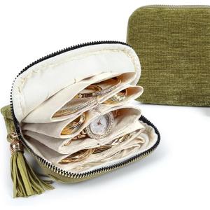 LOTOFUN Jewelry Organizer Case for Travel: 5-Layer Velvet Zipper Pouch Bag for Bangles Link Bracelets Storage Protect from Tangle Scratch (Avocado Green)