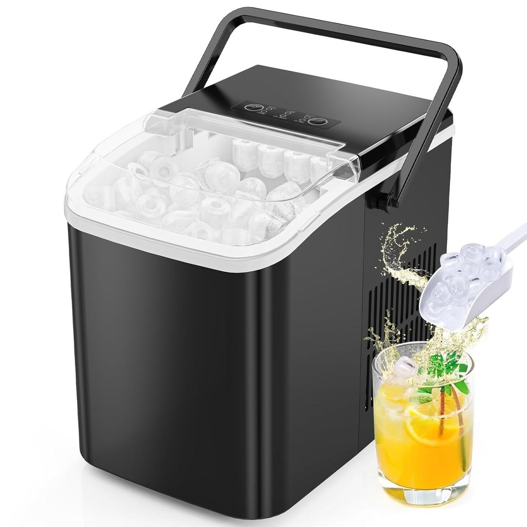 Sweetcrispy Countertop Ice Maker with Scoop, Basket and Handle, Portable Ice Machine 9 Ice Cubes Ready in 6 Mins, 26.5lbs in 24Hrs, 2 Sizes for Home Kitchen Office Bar Party (Night Black)