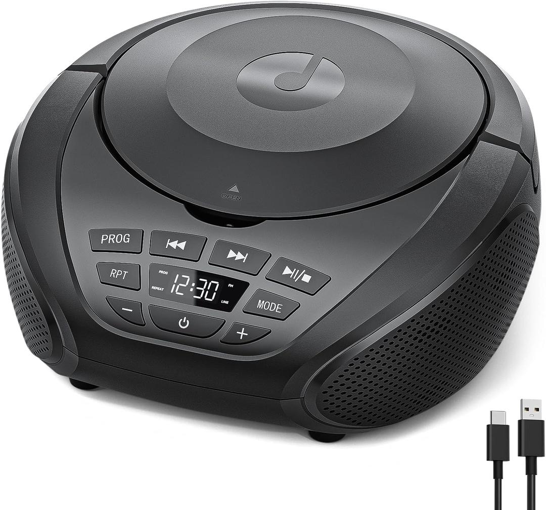 Gueray CD Player Portable Boombox: Radio CD Players Boombox with Speakers FM Radio AUX Input Support Headphones Playlist Mode PROG Playback for Outdoor Indoor Audiobooks with Type-C Power Cable