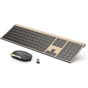 Wireless Keyboard and Mouse, Vssoplor 2.4GHz Rechargeable Compact Quiet Full-Size Keyboard and Mouse Combo with Nano USB Receiver for Windows, Laptop, PC, Notebook-Black Gold