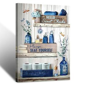 BFKDKG Navy Blue Bathroom Decor! Rustic Blue Bathroom Canvas Wall Decor & 'Please Seat Yourself' Sign Print - Vintage Aesthetic Picture Artwork Decor (16x24in)
