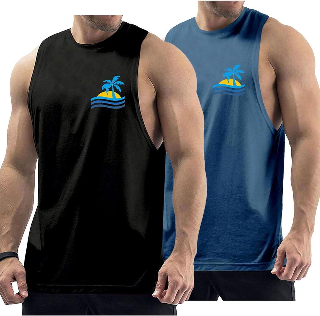 Mens Tank Tops Beach Summer Casual Sleeveless Shirts Graphic Cotton Tank Tops for Men Gym Workout (X-Large, Black+navy Blue)
