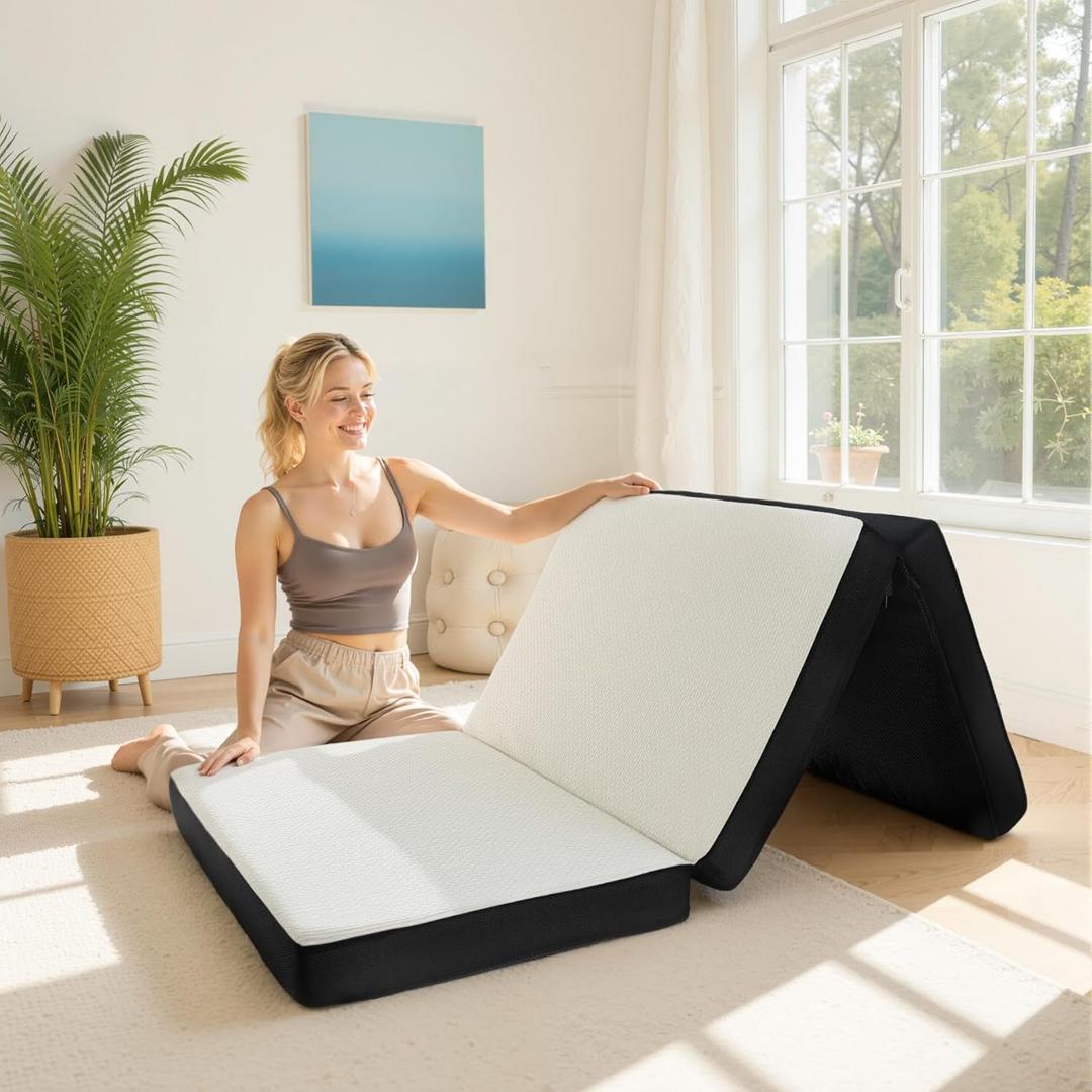 Single Foldable Mattress 75 * 25 * 4 inch, Trifold Mattress Memory Foam Folding Floor Mattresses with Washable Cover, Sleeping Pad for Guest, RV, Travel (White)