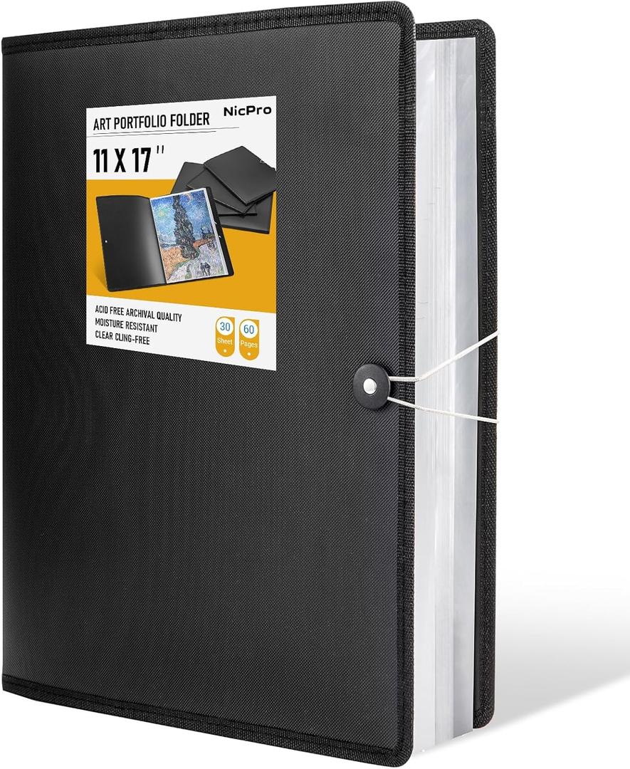 Nicpro 11"x17" Art Portfolio, 30 Pockets Display 60 Pages Art Portfolio Folder with Clear Plastic Sleeves, Artwork Storage Presentation Book for Artists, Painting Carrier Case (12x18")