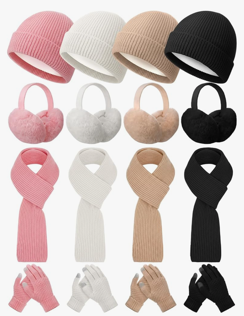 Shihanee 16 Pcs 4 Sets Winter Hat Scarf Gloves Earmuffs Set for Women Gifts Winter for Family Friends Charity