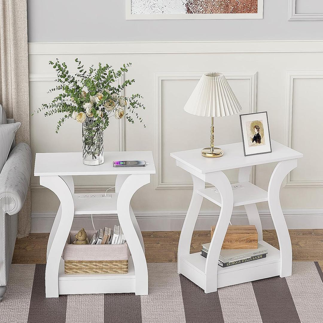 FROMJBEST End Tables Living Room Set of 2,End White Table with Charging Station, Side Table, Nightstand for Bedroom, 3 Tier End Table with Storage Shelf for Living Room White