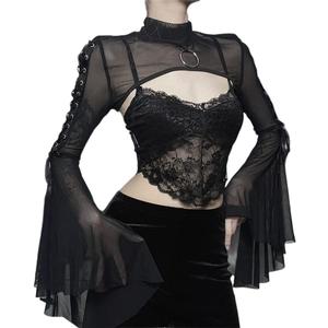 Women Goth Tops Punk Cover Ups Mesh Crop Top See Through Sexy Long Sleeve Blouse Y2k Black Rave Outfit Festival (Black, L)