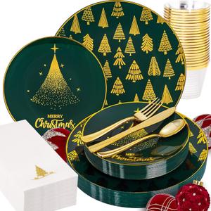 Hioasis 175 Pcs Plastic Christmas Plates - Green and Gold Emerald Disposable Plates Include 25 Dinner Plates, 25 Dessert Plates, 25 Forks, 25 Knives, 25 Spoons, 25 Napkins, 25 Cups for Xmas Party