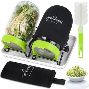 Premium Sprouts Growing Kit, 2 Sprouting Jar Kits & Superior Sprout lids, Blackout Sleeves, Drain Tray, Stainless Steel Stand, Growing Kit for Broccoli, Alfalfa, Beans & Mushroom by YeeGeell (Set of 2)