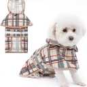 KOOLTAIL Dog Raincoat Hooded Slicker Poncho with Leash Hole, Raincoat for Small Medium Dogs, Waterproof Doggie Rain Jacket with Reflective Strip, Adjustable Breathable Plaid Puppy Rainwear-Beige M