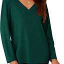 PRETTYGARDEN Womens Fall Fashion 2024 T Shirts Casual Long Sleeve V Neck Tunic Tops Loose Basic Tees (Dark Green,X-Small) (XS)