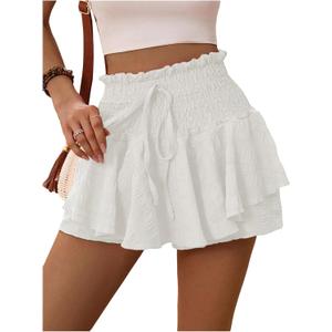 Floerns Women's Summer Mini Skorts Tie Front High Waist Smocked Ruffle Hem Cute Skirt Shorts (Medium, White)