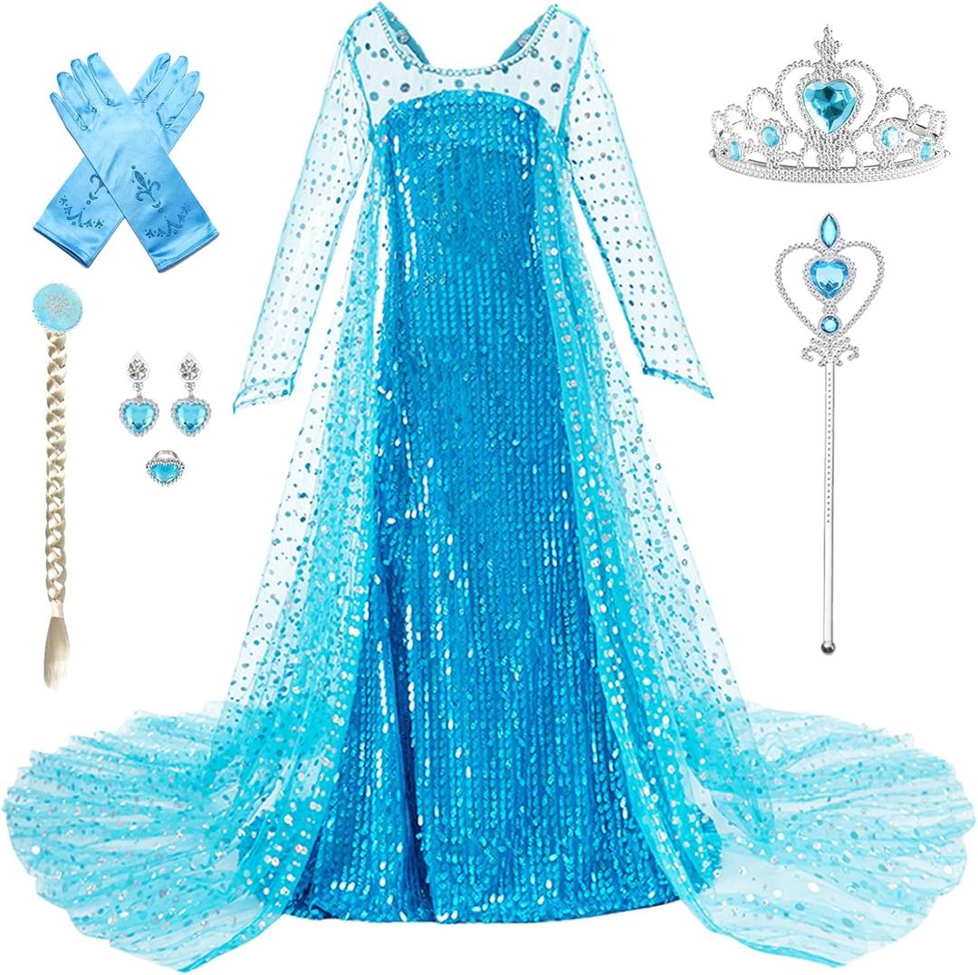Princess Dress for Girls Halloween Cosplay Fancy Dress Princess Costume Blue Sparkly Princess Dress Up Birthday Outfit (5-6 Years)