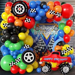 104pcs Monster Truck Birthday Decorations Balloon Garland Arch Kit with Red Stunt Car & Tire Foil Balloons, 18/12/10/5 Inch Vibrant Primary Colors Latex for Boys 3rd 4th 5th Race Party Supplies