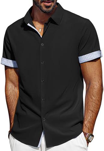 PJ PAUL JONES Men's Short Sleeve Button Down Shirt Wrinkle Free Casual Summer Beach Shirts with Plaid Contrast Flip Cuffs, S PJ PAUL JONES Men's Short Sleeve Button Down Shirt Wrinkle Free Casual Summer Beach Shirts with Plaid Contrast Flip Cuffs, S