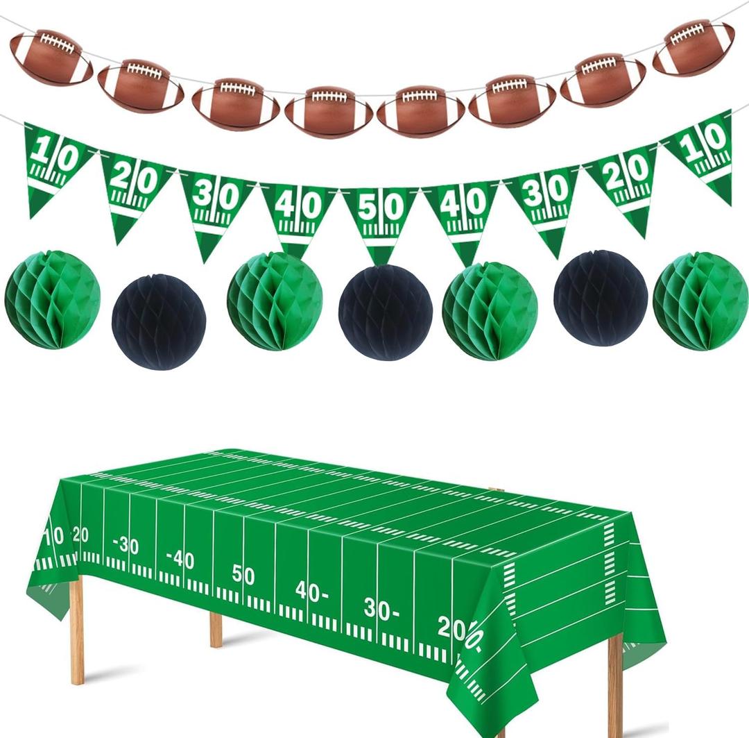 Football Party Decorations Banner Tablecloth and Pom Poms for Football Parties Decor
