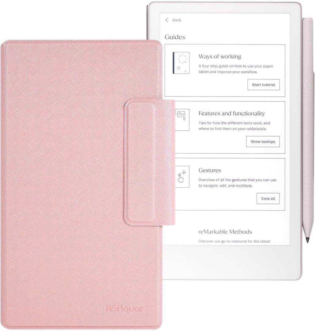 RSAquar Case for Remarkable Paper Pro Move Tablet 7.3" (2025)  Lightweight Hard Back Folio Cover with Auto Sleep/Wake, Built-in Pen Holder, Protective Book Case (Rose Gold)