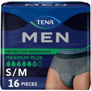 TENA Men Incontinence Underwear, Maximum Plus Absorbency, Adult Diapers, Small/Medium (Waist Sizes 34in-50in), 16 Count