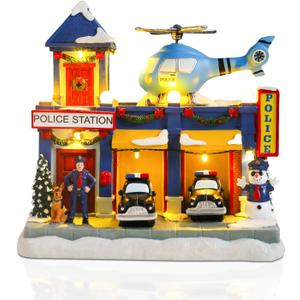 VCUTEKA Animated Christmas Village Houses, Lighted Musical Police Station Scene with Helicopter, Patrol Car, Dog, Victorian Xmas Village Collectible Building for Holiday Home Table Display Dcor (Blue)