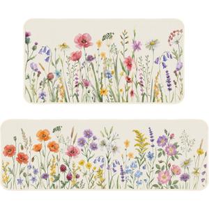 Dunzy Spring Flower Kitchen Mat Floral Floor Rugs Sets of 2 Non Slip Cushioned Standing Mat for Farmhouse Sink, Laundry, Desk, Home 16"x 47"+16"x 29"