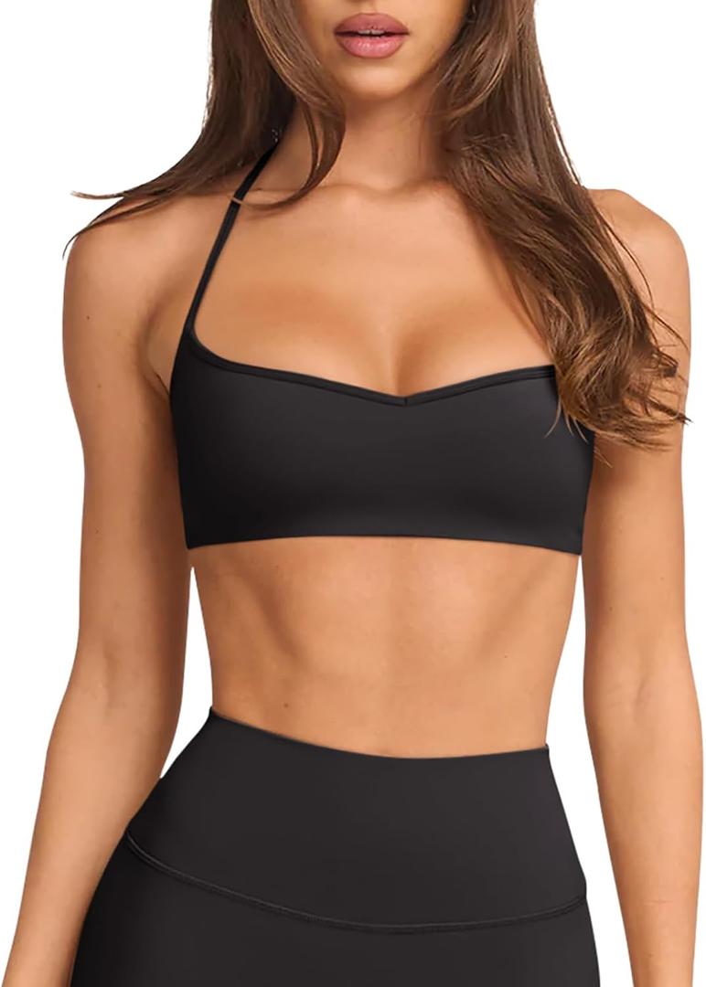 LASLULU Womens Adjustable Spaghetti Straps Sports Bra Sweetheart Neck Wireless Padded Workout Yoga Crop Tops (Large, Black)