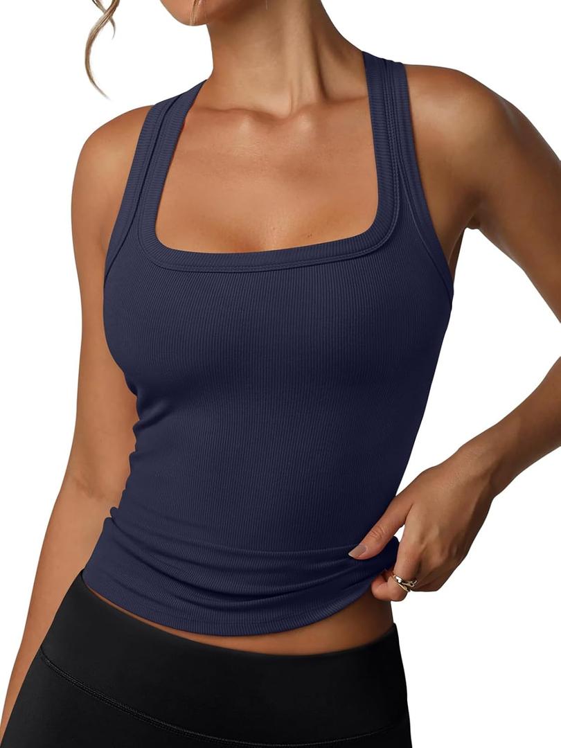 REORIA Built in Bra Tank Tops for Women Summer Sleeveless Racerback Square Neck Casual Basic Ribbed Tops 2026 (Blue, M)