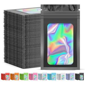 JETMORE 300 Pcs Mylar Bags, Smell Proof Bags Foil Pouch, Holographic Resealable Bags for Small Business, Candy Sample Jewelry Bag Sealable Packaging for Party Favor Food Storage (2.4x3.9in-Black)