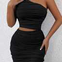 Womens One Shoulder Ruched Cutout Sleeveless Bodycon Dresses Slant Shoulder Stretch Cocktail Party Mini Dresses (Black, S)