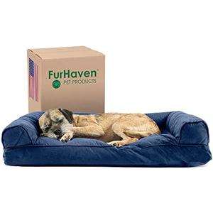 Furhaven Pillow Dog Bed for Medium/Small Dogs w/ Removable Bolsters & Washable Cover - Quilted Sofa - Navy (Blue), Medium