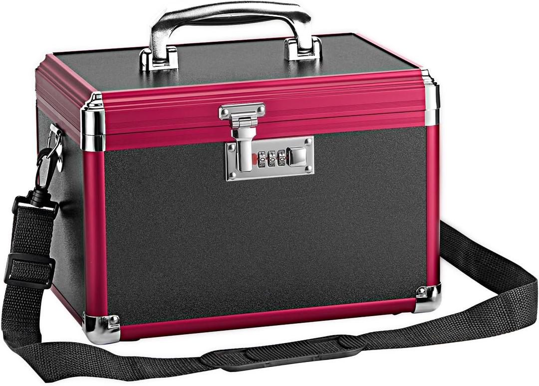 Medicine Lock Box with Combination Lock - 12" Hard Case First Aid Safe Medication Storage with Removable Tray & Pockets for Pills, Home, Car & Outdoor - Black Red