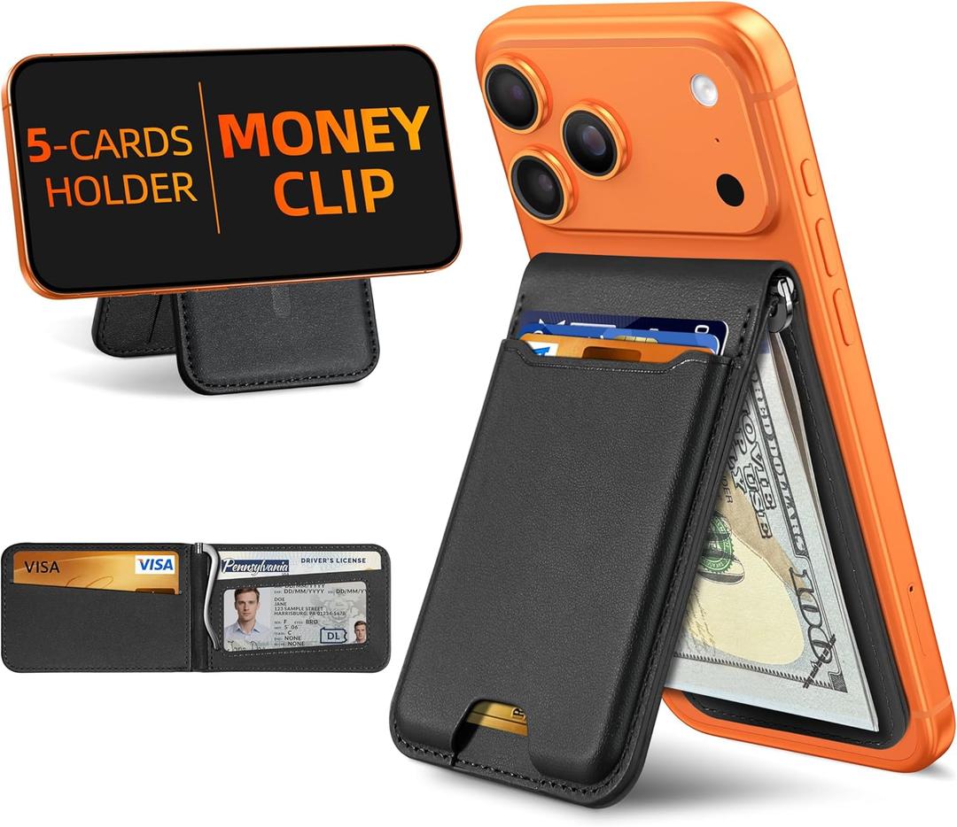 ExtreLife For Magsafe Wallet with Money Clip, Strongest Magnetic Wallet for iPhone 17/16/15/14/13/12 Series, Adjustable Stand, ID Window, 5 Card Holder, RFID Blocking, Not for 13/12 Mini, Black