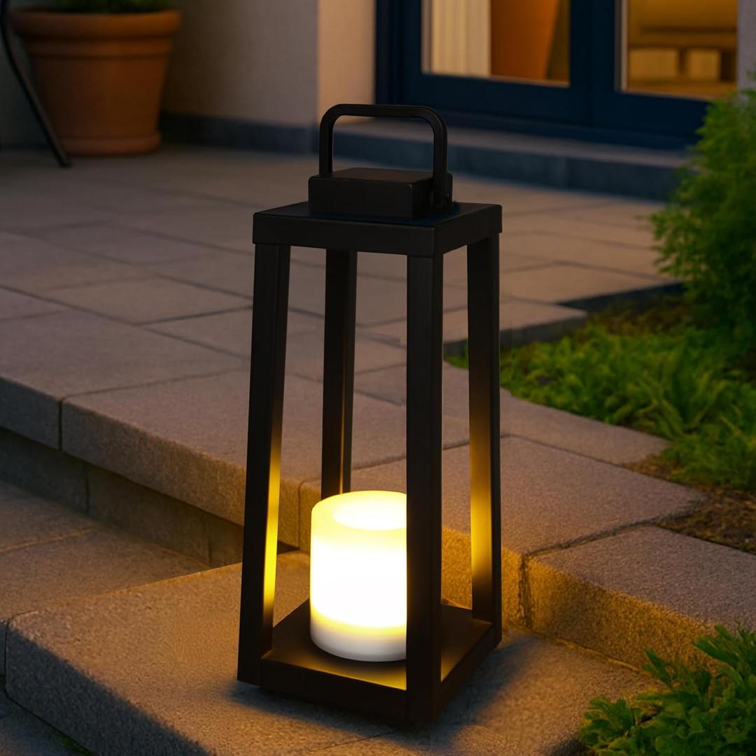 H16 Modern Outdoor Solar Lantern  Metal Frame with Flickering LED Candle, Waterproof and Portable for Patio, Deck, or Pathway Lighting