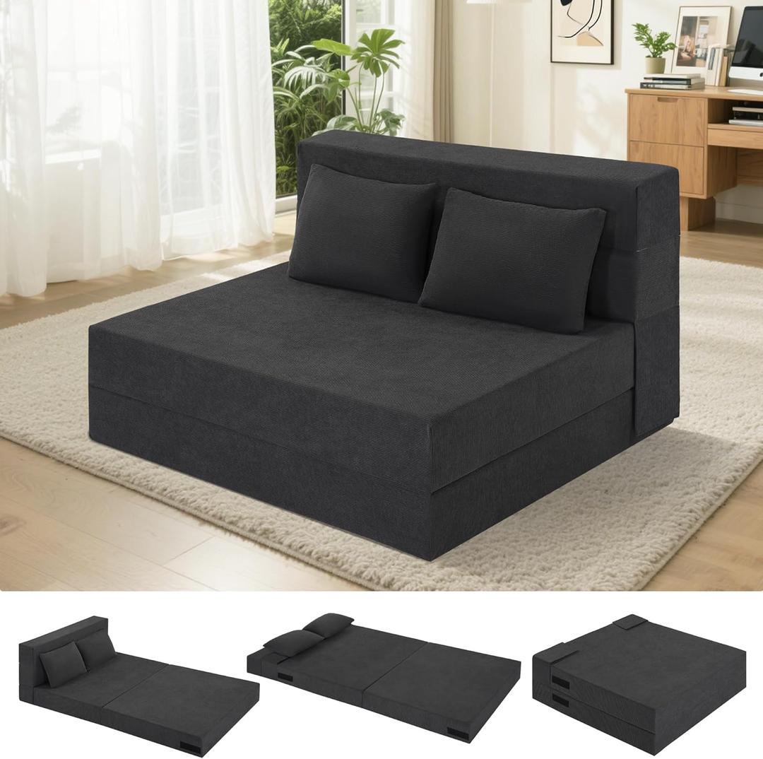 Fvkind Folding Futon Couch, Convertible Sleeper, Standard Size, Dark Grey | Ribbed Corduroy Fabric - Foldable Guest Bed - Bedroom & Living Room - Adults & Visitors - Easy Fold Storage