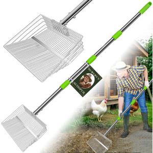 12inch Large Chicken Poop Scooper, 2 Widths of Slots Chicken Coop Litter Scoop with Stainless Steel Handle - 23" to 66", 4 in 1 Litter Sifting ShovelHeavy Duty Chicken Coop Accessories
