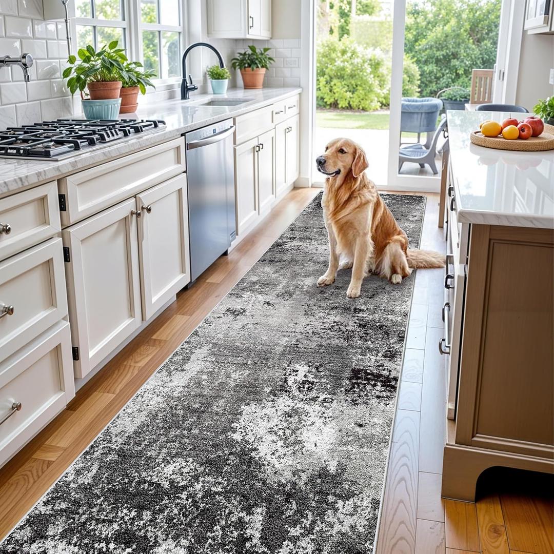 3x10 Washable Hallway Runner Rug - Non Slip Modern Wide Carpet for Kitchen Entryway Bathroom with Rubber Backing, Low Pile Thin Long Floor Runner IndoorBlack Grey,3x10