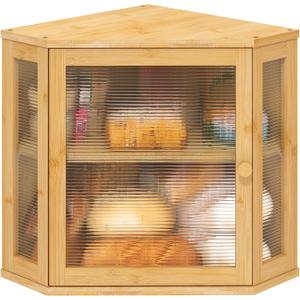 Corner Bread Box for Kitchen Counter, Bamboo Wood Large Capacity Bread Storage Bin with Acrylic Wavy Door Panel (Natural, Meduim) 