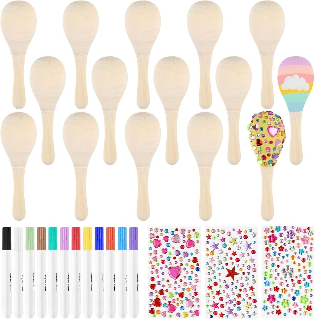 PLULON 15 Pcs Mini Wooden Maracas for Kids Unfinished Wood Maracas Bulk with 15 Pcs Colorful Painting Tools for Fiesta Party Decorations Mexican Party Favors Cinco De Mayo Party Supplies