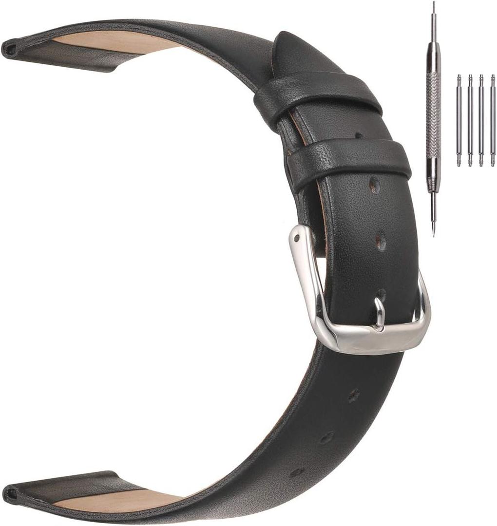 EACHE Classical Thin Leather Watch Bands for Ladies, Genuine Leather Watch Straps for Women & Mens 12mm 14mm 16mm 18mm 20mm More Colors (Black-Silver Buckle)