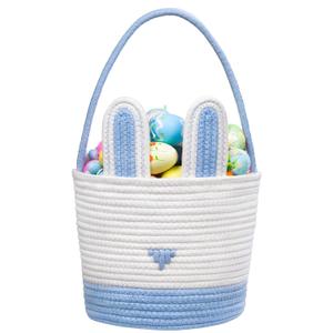 UBBCARE Easter Bunny Basket, Blue Gift Baskets for Eggs Hunting, Woven Rope Personalized Easter Basket for Toddler, Baby, Boys, Girls (Big-9.8 x 7.8 x 7.8)