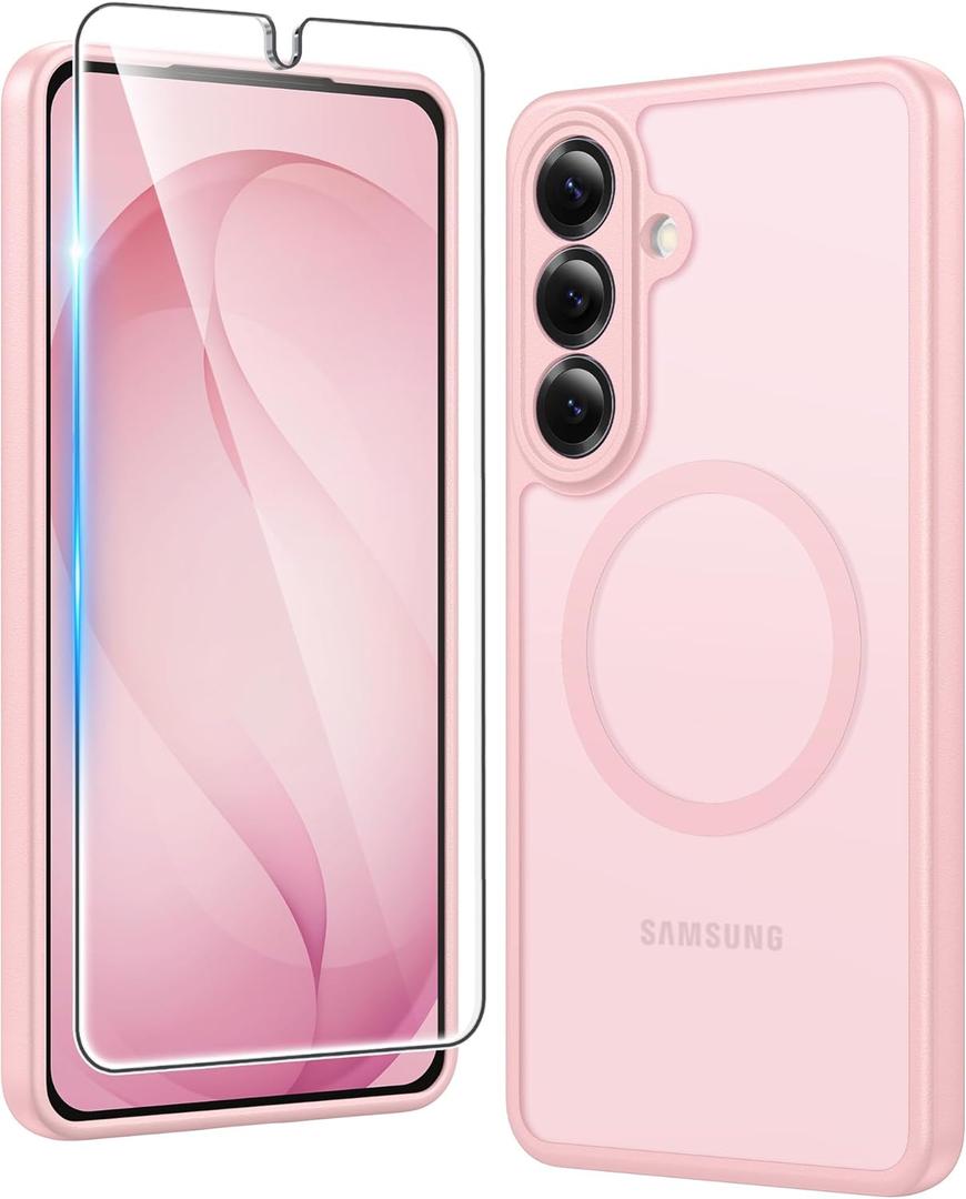 FNTCASE for Samsung Galaxy S26 Case: Magnetic Matte Phone Cases with Screen Protector Drop Proof Compatible with Magsafe Slim Rugged Shockproof Protective Translucent Cell Cover (C-Frosted Pink)
