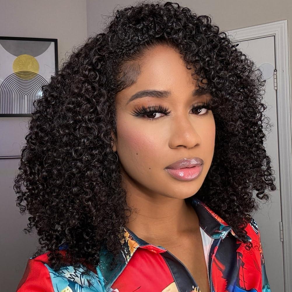 16 Inch Curly Half Wig Human Hair 180 Density 3 In 1 Seamless Flip Over Half Wigs Beginner Friendly Glueless Wear and Go Kinky Curly Wig Human Hair Drawstring Headband Wig for Women