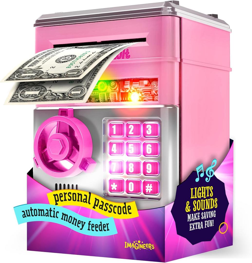 Piggy Bank for Kids - Electronic Money Saving Box w/Code- ATM Safe - Toy Coin Bank - Toys for Girls Age 3, 4, 5, 6, 7 - Birthday Gifts for 8, 9, 10, 11, 12 Year Old Girl (Pink & Silver)