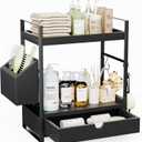 2-Tier Bathroom Counter Organizer with Drawer and Basket, Wood Countertop Organizer for Storage, Skincare Organizers for Vanity, Counter Shelf for Bathroom Organization, Black