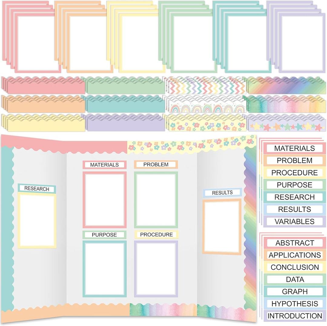90 Pcs Science Fair Board Supplies 60 Trim Scalloped Bulletin Board Borders 24 Presentation Board Subtitles 6 Science Fair Titles for Classroom Display Boards (Pastel)