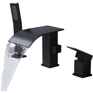 Waterfall Roman Tub Faucet with Hand Shower, Deck Mount Tub Filler Bathtub Faucet with Sprayer, Single Handle Bathtub Faucet Set, Brass Widespread 3 Hole Bathtub Shower Faucet Set Matte Black