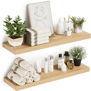 Bathroom Floating Shelves, 36-Inch Wall Mounted Storage Over Toilet - Modern Farmhouse Set of 2 for Kitchen, Bedroom, Hanging Book Shelf (Oak)