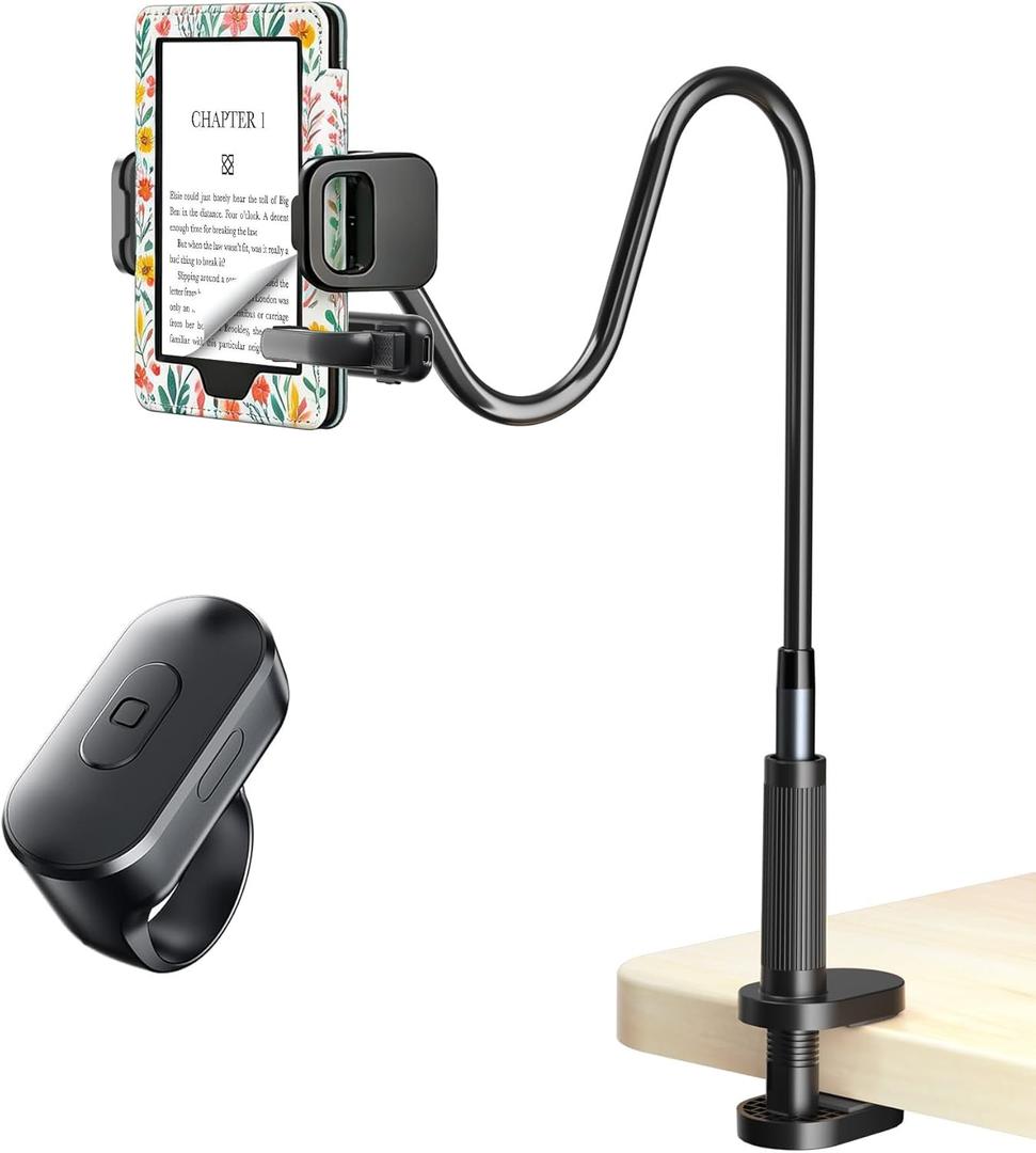 [Case-Friendly] Long Tablet Stand for Kindle with Page Turner Ring Remote, Gooseneck Holder for Reading in Bed with Clicker, eReader Accessories Gift for Readers Compatible with iPad iPhone Fire HD (Black)