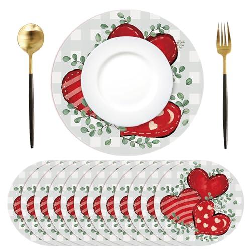 Tarklanda 50 Pcs Valentines Love Heart Placemats Round 13.4 Inch Disposable Eucalyptus Leaf Paper Table Mats for Kitchen Dining Decor Wedding Anniversary Birthday Party (Green Eucalyptus Love)