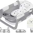 MoreFeel Collapsible Baby Bathtub for Newborn with Thermometer & 1 Hooded Towel & 1 Soft Floating Cushion,Portable Travel Bathtub with Drain Hole, Durable Foldable Baby Tubs for Infants to Toddler (Grey)