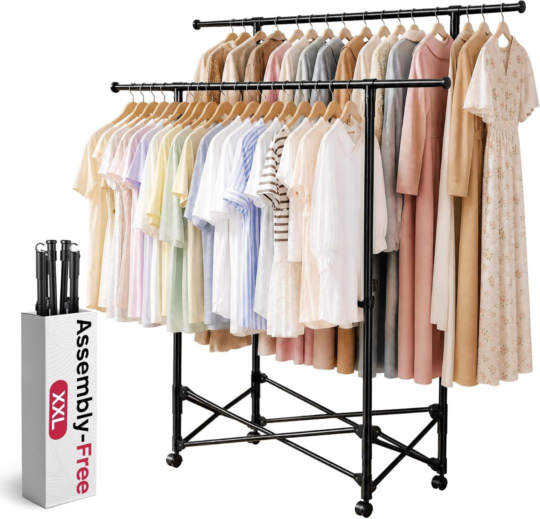 No-assembly Clothes Rack，Double Rod 59-Inch Rolling clothing rack
